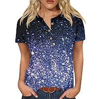 Dressy Tops for Women Short Sleeve V Neck Summer Button Up Shirt with Pocket Graphic Print Blouses Slim Fit Tee Shirts