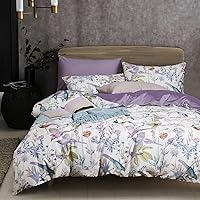 Floral Duvet Cover Set with Spring Flowers and Birds Pattern, Queen Size Botanical Soft Bed Bedding Sets Colorful Blossom Print Comforter Covers with Zipper Closure and Pillowcases - White, Lilac