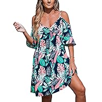 CUPSHE Women's Mini Dress V Neck Short Flared Sleeve Tropical A Line Summer Casual Cami Cover Up Dress