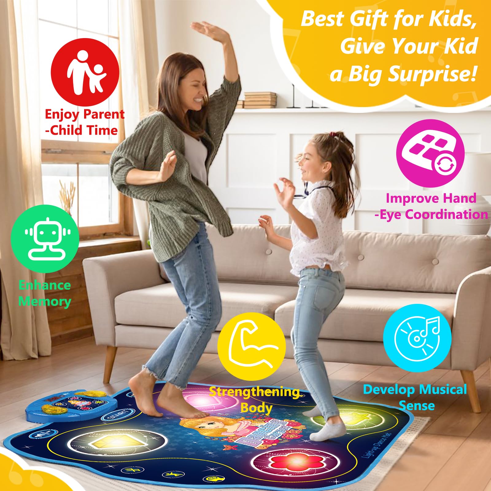 Dance Mat Toys Gift for 3-12 Year Old Kids Girls, Electronic Light Up Dance Pad Mats with Bluetooth 9 Levels Game, Christmas Birthday Gifts Dancing Mat for Kids Girls Boys Ages 3 4 5 6 7 8 9 10 11 12