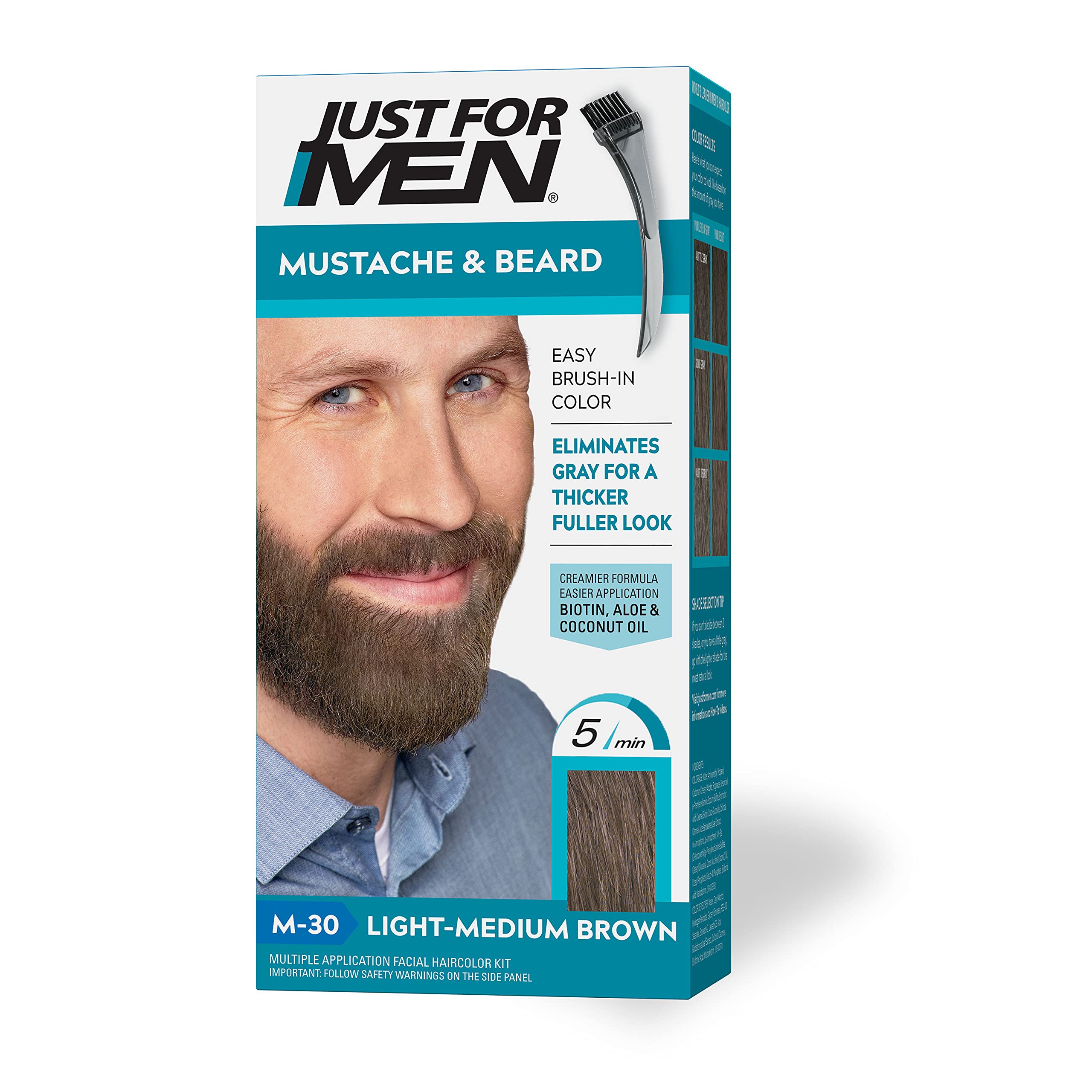 Just For Men Mustache & Beard, Beard Dye for Men with Brush Included for Easy Application, With Biotin Aloe and Coconut Oil for Healthy Facial Hair - Light-Medium Brown, M-30, Pack of 1