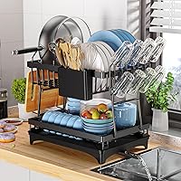 Rustproof Stainless Steel Dish Drying Rack,2 Tier Large Dish Rack for Kitchen Counter,Dish Rack with Drainboard,Utensil Holder & Cup Holder,Black