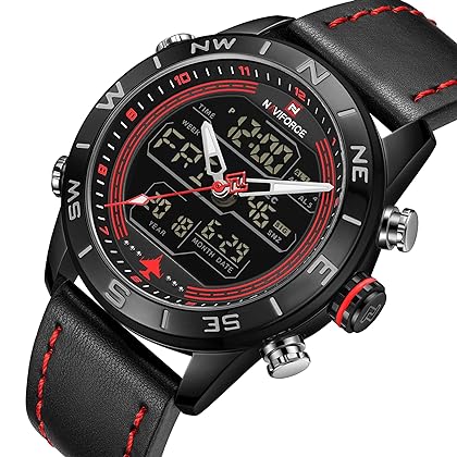 Naviforce Men's Waterproof Sports Watches Leather Digital Analogue Watch Luxury Chronograph Backlight Watch