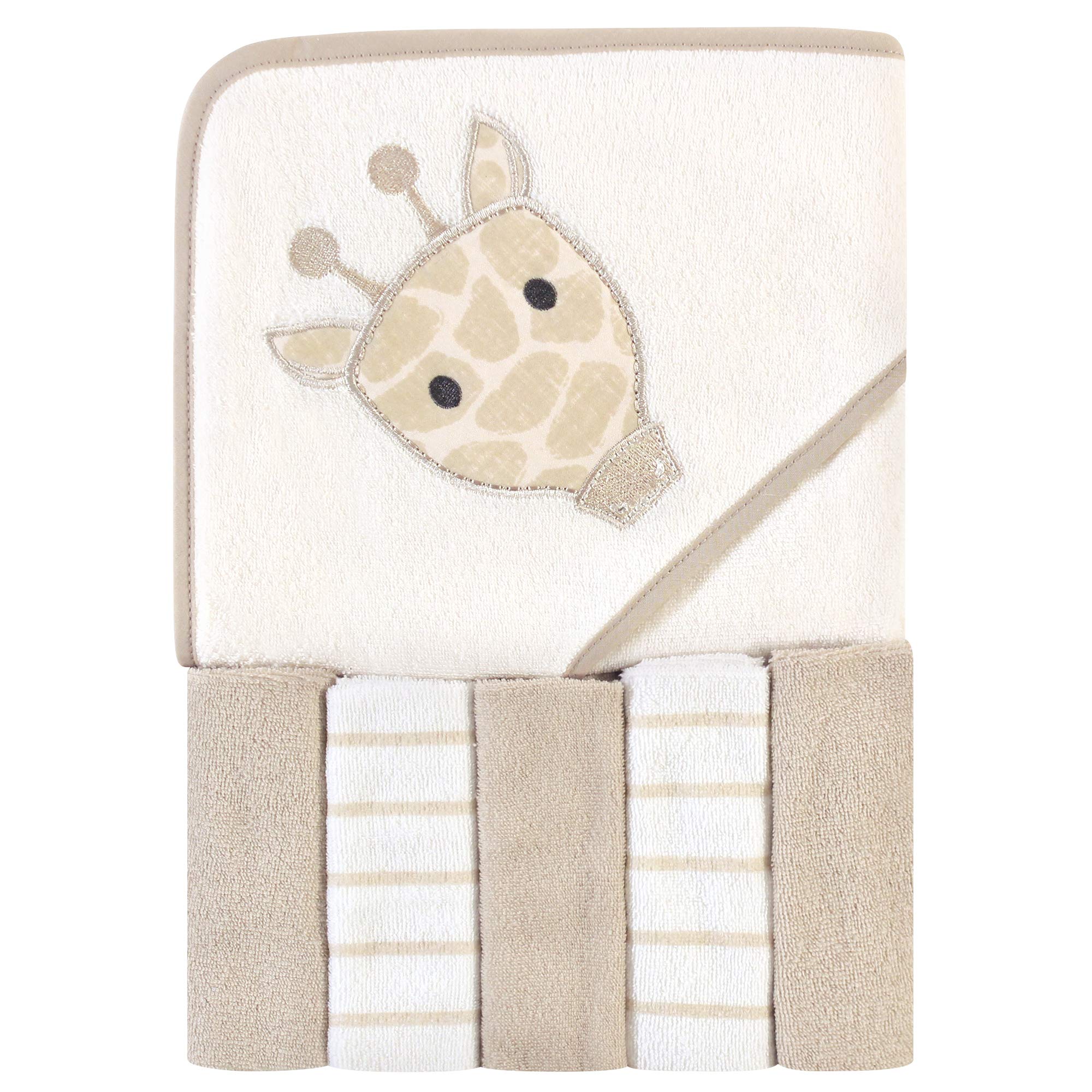 Hudson Baby Unisex Baby Hooded Towel and Five Washcloths, Modern Giraffe, One Size