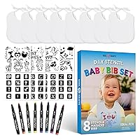 DIY Baby Bibs Set, 2 Ply Knit Terry Solid White Feeder Bibs, Kit Includes, 8 Bibs, 8 Fabric Markers, 8 Stencils, Baby Gifts Registry For Baby, Gender Reveal, Gift for Baby Party, Baby Shower Game,