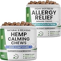 Allergy Relief Dog Chews + Advanced Calming Chews Bundle - Anxiety Relief Treats w/Melatonin + Valerian Root and tchy Skin Relief w/Omega 3 + Probiotics + Colostrum