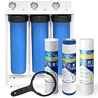 3 Stage High Capacity 20” Blue Whole House Water Filter System, Freestanding Steel Frame, Sediment, GAC+KDF & Carbon Cartridges, Presser Relief Button, 1” Brass Port, Pressure Gauges, Double O-Ring