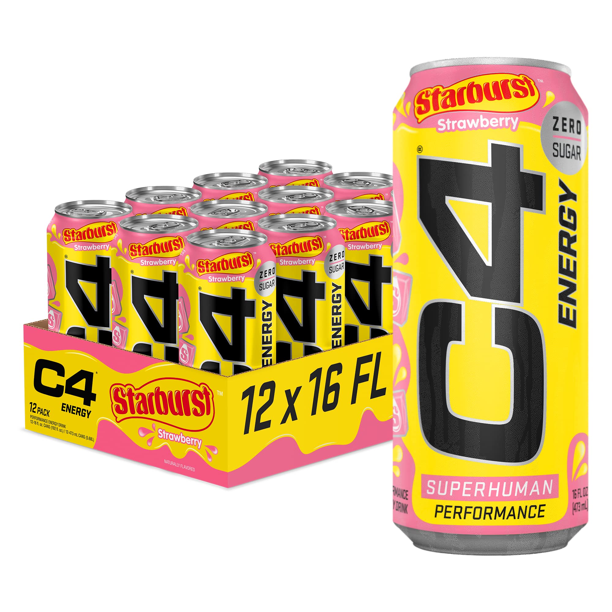 Cellucor C4 Energy Drink, STARBURST Strawberry, Carbonated Sugar Free Pre Workout Performance Drink with no Artificial Colors or Dyes, Pack of 12