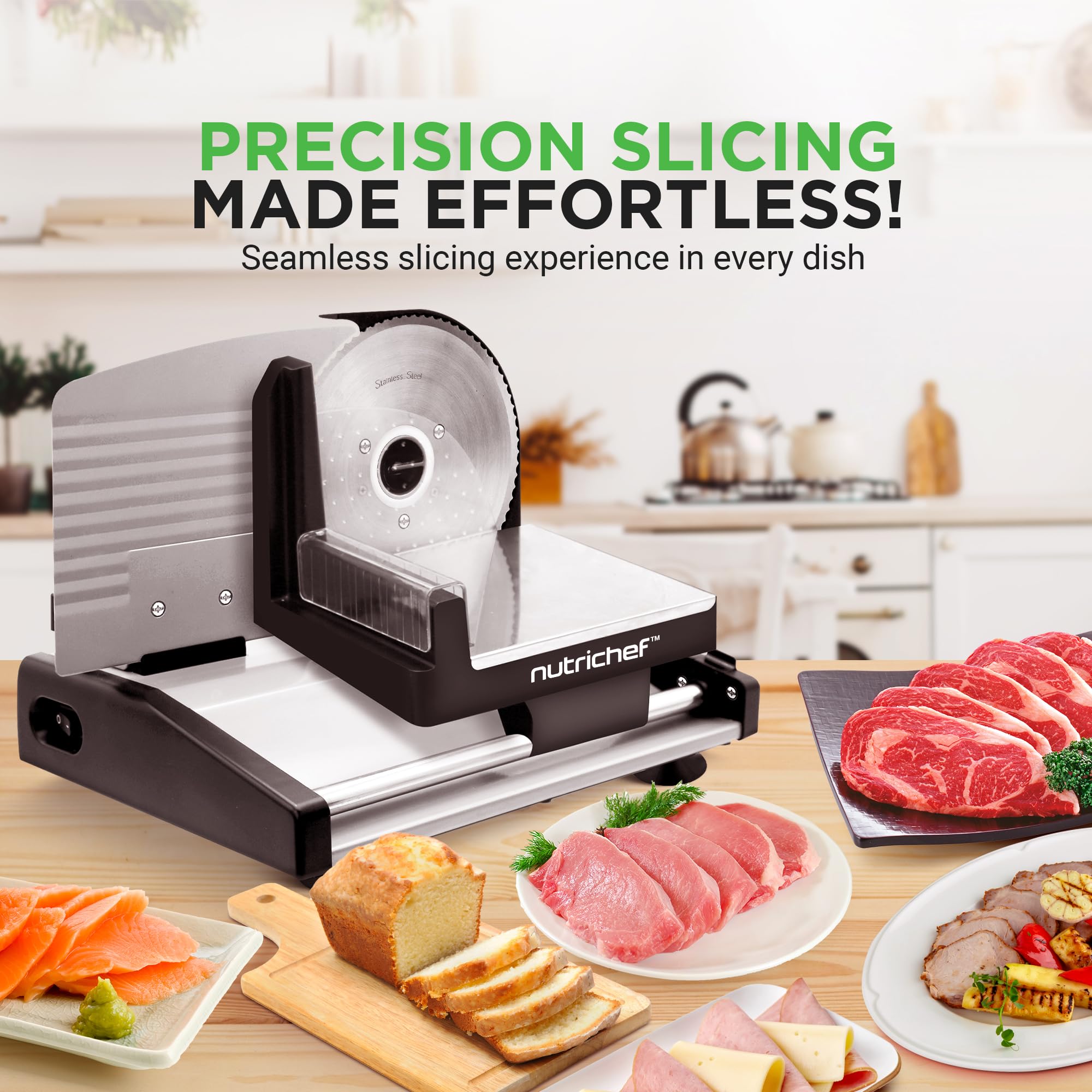 Nutrichef Electric Meat Slicer | 200W Automatic Meat, Deli & Bread Slicer | Adjustable Dial for 0-15mm Cutting Range Thickness | Removable 7.5 IN Stainless Steel Blade & Food Pusher for Safety (Black)