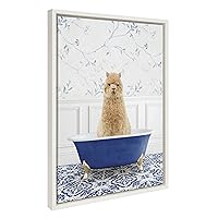 Kate and Laurel Sylvie Alpaca In Eclectic Blue Bath Framed Canvas Wall Art by Amy Peterson Art Studio, 18x24 White, Whimsical Animal Art for Wal