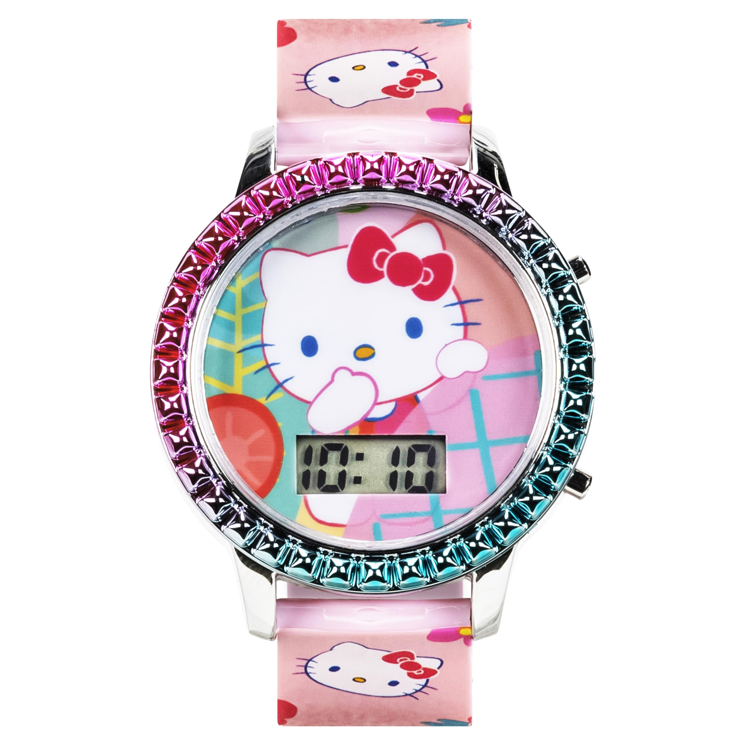 Accutime Hello Kitty Digital LCD Quartz Kids Pink Watch for Girls with Hello Kitty and Friends Pink All Over Print Band Strap (Model: HK4167AZ)