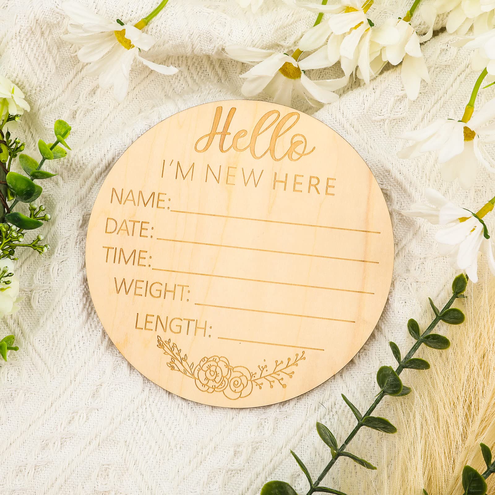 LUTER Baby Announcement Sign, 5.9 inch Hello World Newborn Sign Round Wooden Milestone Baby Nursery Name Signs for Hospital and Pregnancy Announcements