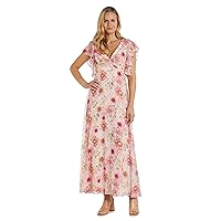 Women's Bohemian Floral Maxi Dress W/Mock Wrap Empire Waist & Short Flutter Sleeves