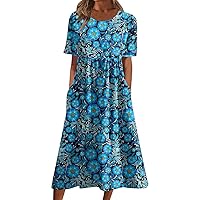 Fall Dresses for Women 2023 Vintage Crewneck Short Sleeve Aztec Print Flowy Midi Dress Cocktail Dress with Pockets