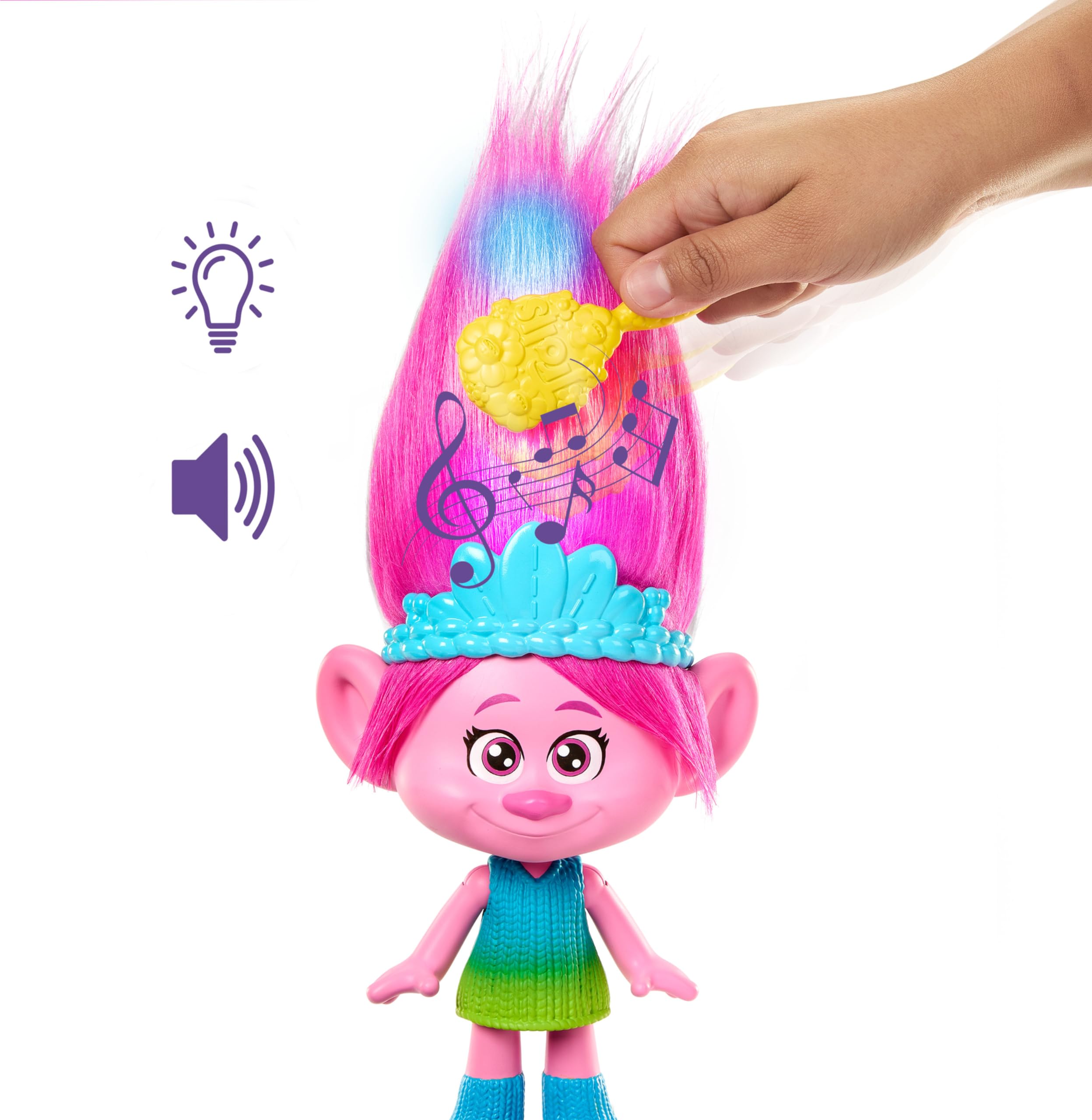 Mattel DreamWorks Trolls Band Together Rainbow HairTunes Queen Poppy Doll & Crown Accessory with Light-Up Hair, Music & Sounds