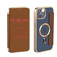 Personalized Leather Flip Phone Case, Personalized Gifts for Couples,Custom Flip Leather Phone Case for iPhone 14 15 13 12 11 Plus Pro Max, Our Love Story (Brown)