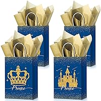 Nezyo 16 Set Party Favor Bags with Tissue Paper, Prince And Princess Candy Goodie Gift Bags for Birthday Party Floral Castle Crown Party Bags for Girl Kid Birthday Baby Shower Party (Prince)