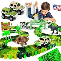 JITTERYGIT Dinosaur Jurassic Race Track Train Glow in The Dark World Toy Set, Kids Dino Racetrack Park Includes T-Rex & Triceratops Playset - Best Birthday Gift for Boys & Girls 3 4 5 6 7 8 Year Old
