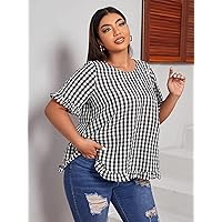 Plus Size Womens Tops Plus Gingham Frill Flounce Sleeve Blouse (Color : Black and White, Size : X-Large)
