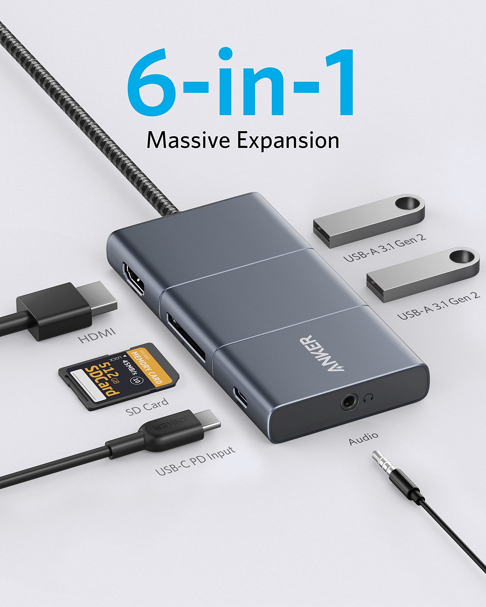 Anker USB C Hub, PowerExpand 6-in-1 USB-C Adapter, with 4K HDMI, 100W Power Delivery USB C Port, 2 10 Gbps USB A Ports, SD Card Reader, and 3.5mm Audio, for MacBook Air, MacBook Pro, XPS, and More