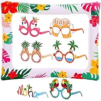 Hawaiian Tropical Glasses - Pack of 12 | Tropical Inflatable Photo Booth Frame - 28x23 Inch | Luau Party Glasses, Hawaiian Party Decorations for Kids | Aloha Party Decorations, Pool Party Decorations