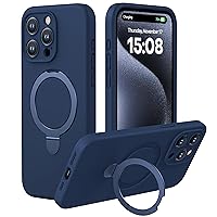 CellEver Magnetic Silicone for iPhone 15 Pro Case [Camera Cover] Military Grade Protection [Compatible with MagSafe] [Slim] Durable Soft Grip Cover with Kickstand, Navy Blue