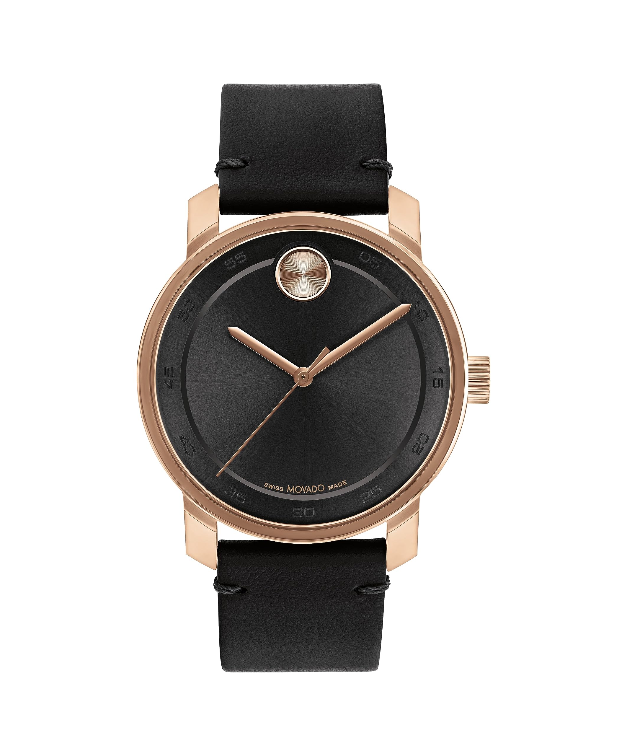 Movado Bold Access Men's Swiss Quartz 3600945 Watch with Ionic Plated Rose Gold Tone Steel Case and Black Leather Strap, in Sleek, Sporty Elegance