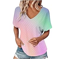 Womens Short Sleeve T Shirts Dressy Casual Sleeve Tops Gradient Color V Neck T-Shirts Tunic Tops 2024 Summer Shirts