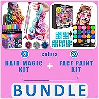 Jim&Gloria Dustless Hair Chalk with Hair Extensions, Mermaid Brushes Glitters (Set of 17) + Face Painting Kit (20 Colors) with Brush and Stencils, UV Glow Light