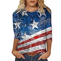 Womens 4th of July Tshirt,4Th of July Shirts for Women Star Stripes American Flag T Shirt 3/4 Sleeve Crew Neck Summer Tops Casual Blouses 4th of July Button Down Shirt Women