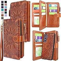 Harryshell Detachable Case Wallet Compatible with Samsung Galaxy S23 FE 5G Leather Case Cover with Cash Coin Zipper Pocket 12 Card Slots Holder Wrist Strap Lanyard (Flower Light Brown)