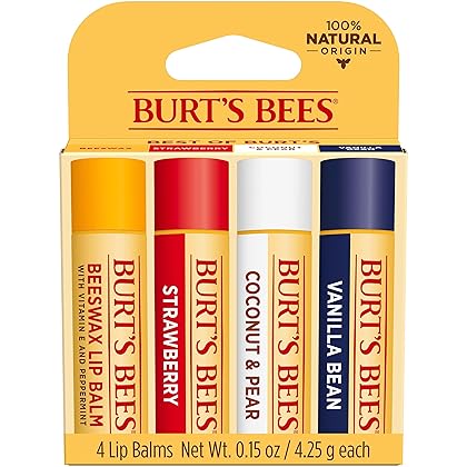 Burt's Bees Lip Balm Mothers Day Gifts for Mom - Beeswax, Strawberry, Coconut and Pear, and Vanilla Bean, With Responsibly Sourced Beeswax, Tint-Free, Natural Origin Lip Treatment, 4 Tubes, 0.15 oz.