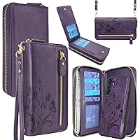 Lacass Wallet for Samsung Galaxy A15 5G, Crossbody Dual Zipper Detachable Magnetic Leather Wallet Case Cover Wristlets Wrist Strap 13 Card Slots Money Pocket(Floral Dark Purple)
