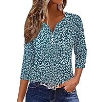 Women's Summer Tops 2024 T Shirt Tee Print Button 3/4 SleeveDaily Weekend Fashion Basic V-Neck Top, S-3XL