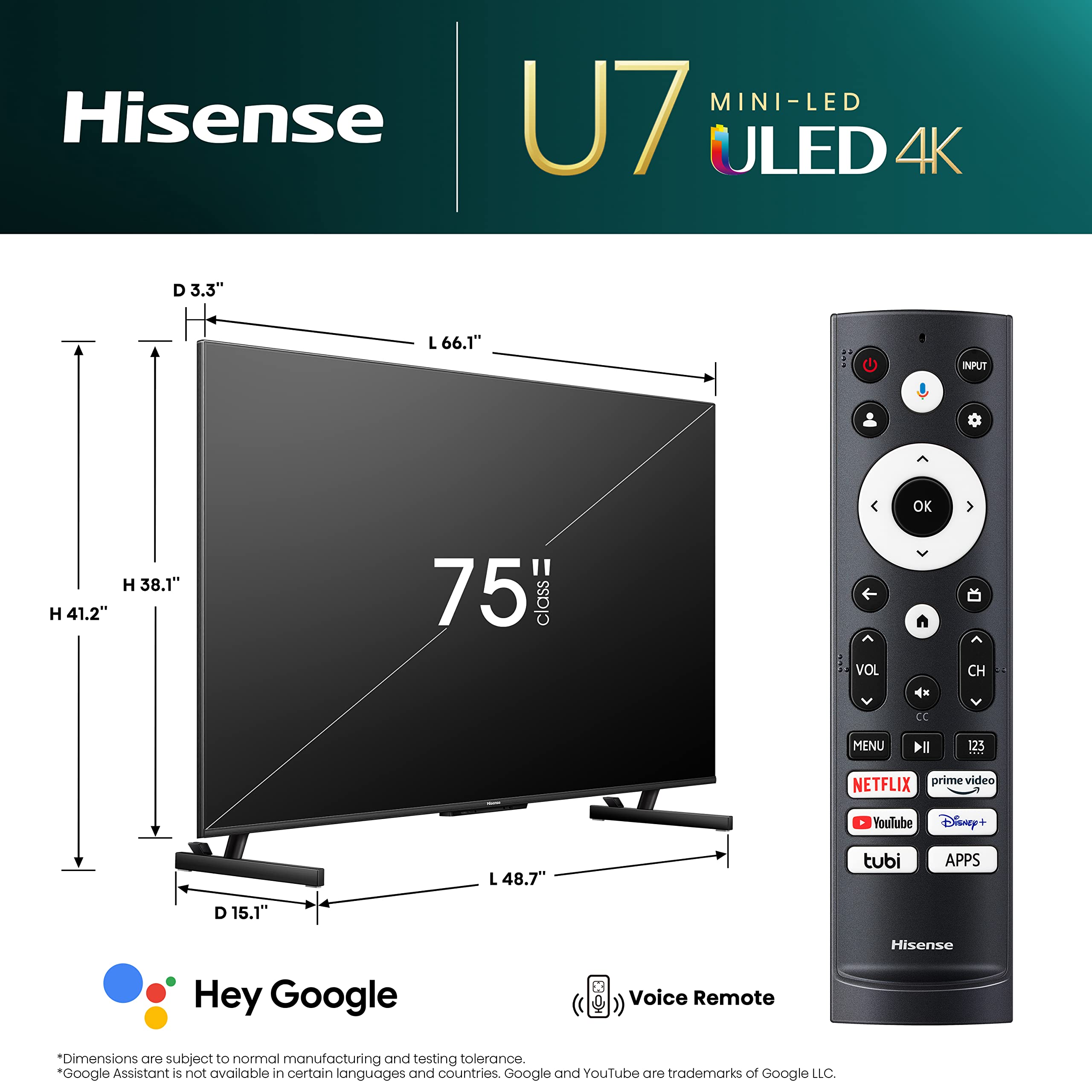 Hisense 75-Inch Class U7 Series ULED Mini-LED Google Smart TV - Quantum Dot Color, 144Hz Game Mode Pro, 1000-Nit Dolby Vision IQ, Hands Free Voice Control, Compatible with Alexa (75U7K, 2023 Model)