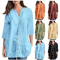 Button Down Shirts for Women 3/4 Sleeve Tops V Neck Linen Blouses Loose Tunic Tops Comfy Summer Tshirts Work Tees, Camisetas Casuales Mujer, Camisetas de Verano Mujer Blue