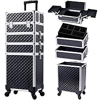 Stagiant Rolling Makeup Train Case Large Storage Cosmetic Trolley 4 in 1 Large Capacity Trolley Makeup Travel Case with Key Swivel Wheels Salon Barber Case Traveling Cart Trunk - Black