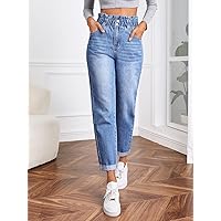 Jeans for Women Women's Pants Paperbag Waist Roll Up Hem Mom Fit Jeans (Color : Medium Wash, Size : Tall M)