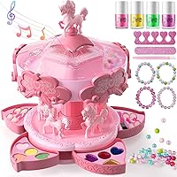 Geyiie Kids Makeup Set with Jewelry Making, Carousel Toddler Makeup Kit with Music&Light, Girls Nail Kit Makeup Toys for Princess 3-5 as Birthday Gift