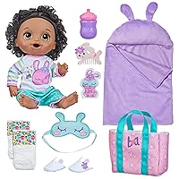 Bunny Sleepover Baby Doll, Bedtime-Themed 12-Inch Dolls, Sleeping Bag & Bunny-Themed Doll Accessories, Toys for 3 Year Old Girls and Boys and Up, Black Hair (Amazon Exclusive)