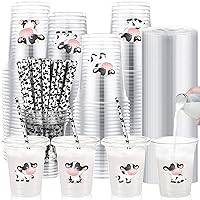 Inbagi 100 Sets 12oz Kids Party Plastic Cups with Lids and Straws Disposable Plastic Cups with Stickers for Birthday Baby Shower Disposable Cold Party Favor Drinking Cups (Cow Style)