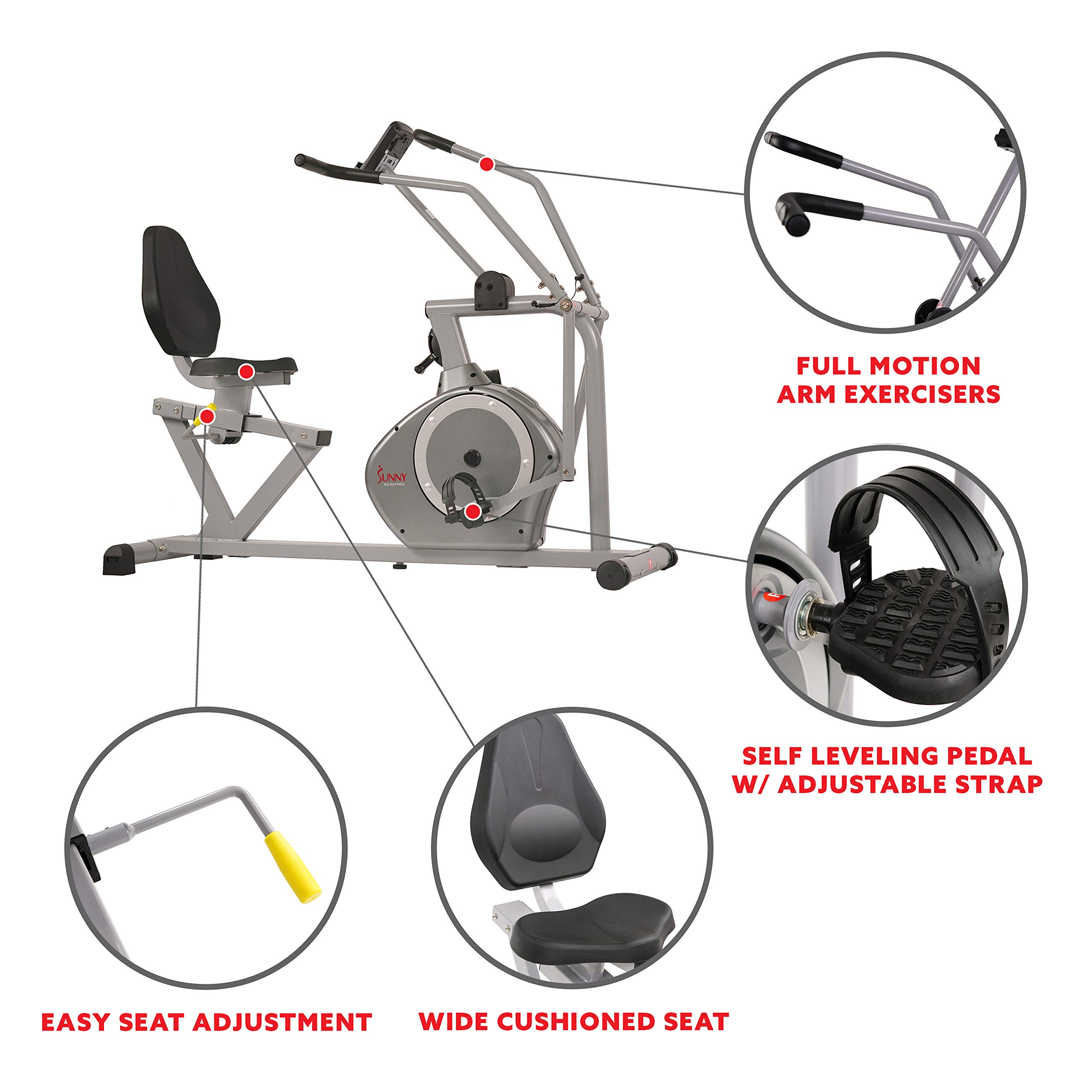 Sunny Health & Fitness Compact Performance Recumbent Bike with Dual Motion Arm Exercisers, Quick Adjust Seat & Optional Exclusive SunnyFit App Enhanced Bluetooth Connectivity
