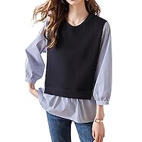 LAI MENG FIVE CATS Women's Casual Patchwork Tunic Shirt Print Short Sleeve Pullover Round Neck Blouse Tops