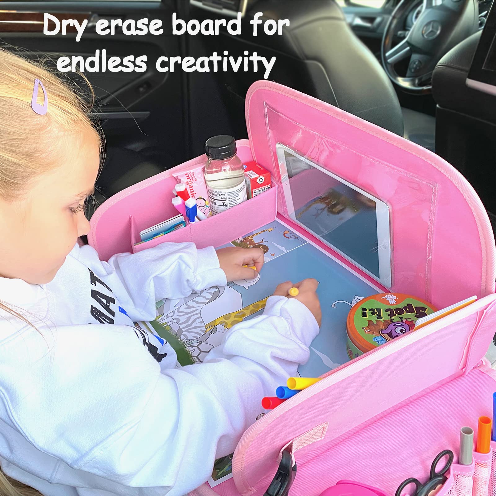 MENZOKE Kids Travel Tray for Toddler Car Seat, Lap Tray for Girl Activities with Dry Erase Board & Cooler Cup Holder, Road Trip Essentials Accessories with No-Drop Large Tablet iPad Holder Stand,Pink