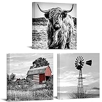 Black and White Canvas Set of 3 Wall Art Prints Farmhouse Barn American Flag Highland Cow and Windmill Pictures Rustic Farm Countryside Framed Artwork Ready To Hang Each Panel 16x16 (Medium)