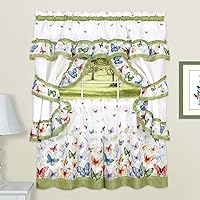 Printed Cottage Window Curtain Set - 57 Inch Width, 36 Inch Length - Green Butterflies - Polyester Soft Window Treatment Include Valance, Attached Swaggers, Tiebacks & Two Tiers by Achim Home Decor