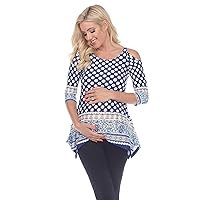 Women's Maternity Printed Cold Shoulder 3/4 Sleeve Tunic Top with Side Pockets Navy/White