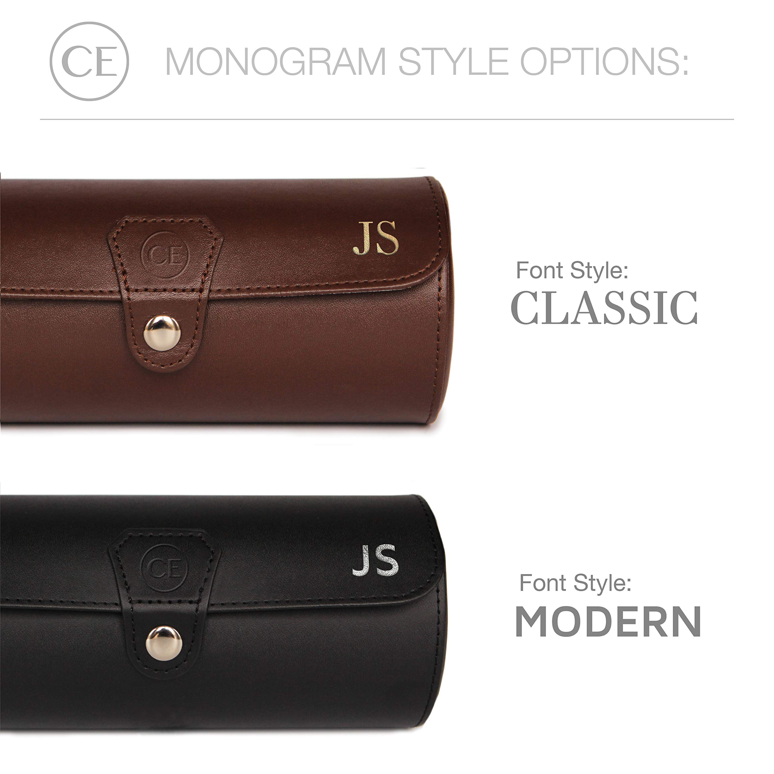 CASE ELEGANCE Monogrammed Limited Edition Chocolate Color - Vegan Leather Watch Roll Organizer