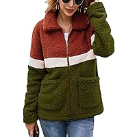 Flygo Women Fuzzy Fleece Sherpa Zip Up Color Block Long Sleeve Sweatshirt with Pockets