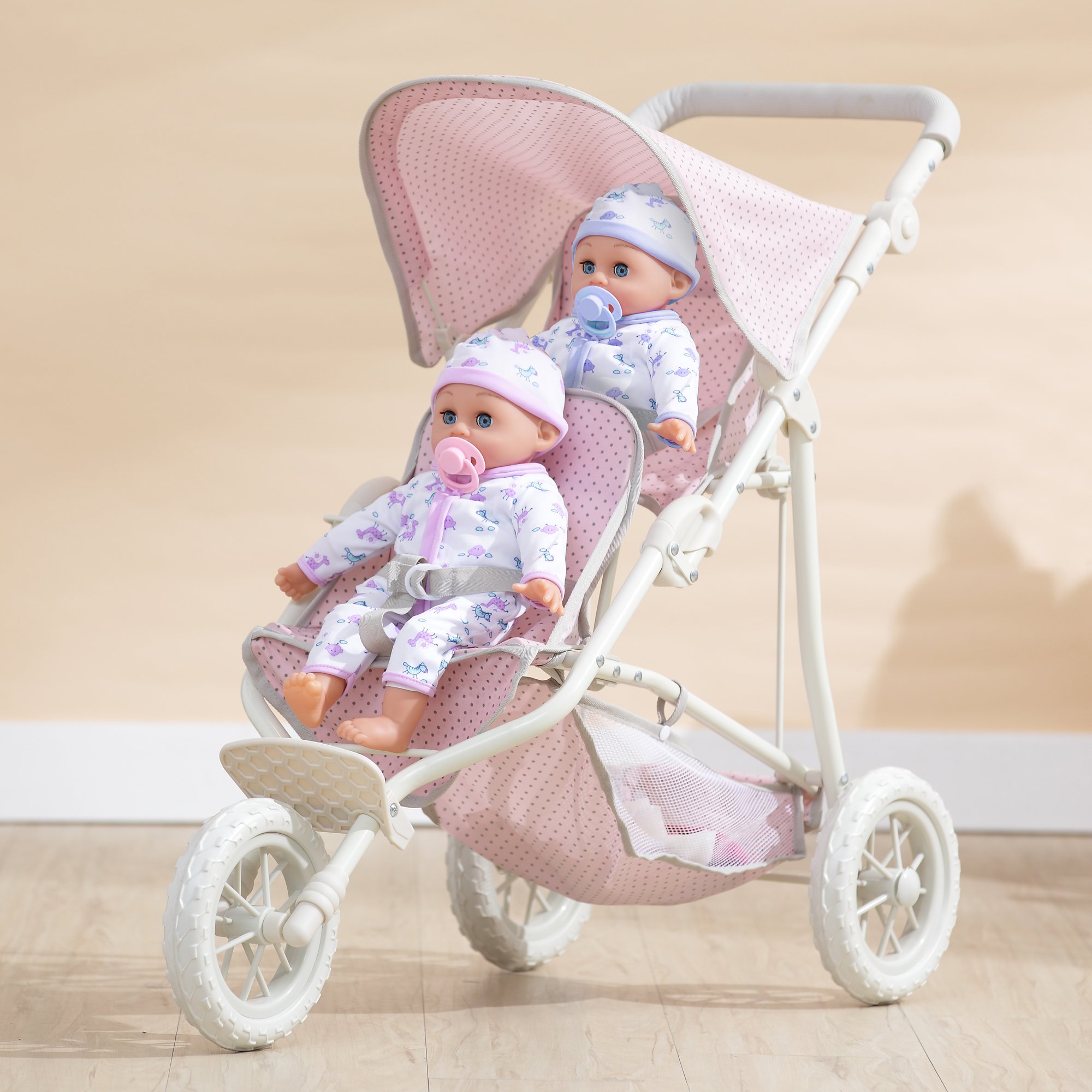 Olivia's Little World Twin Doll Stroller Polka Dots Princess Collection, Baby Doll Jogging Stroller with Canopy for 18